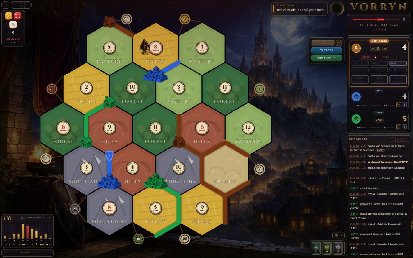 A real Vorryn game: a hex map with cities, roads, knights, and each player's hand and score.